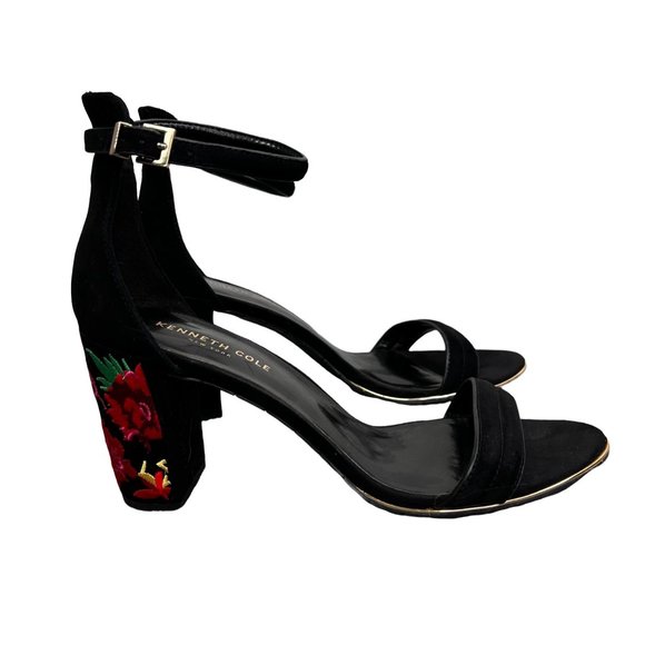 Kenneth Cole Lisa Black Suede Heels Sandals size 9 Embroidered Floral Chunky - Picture 4 of 10